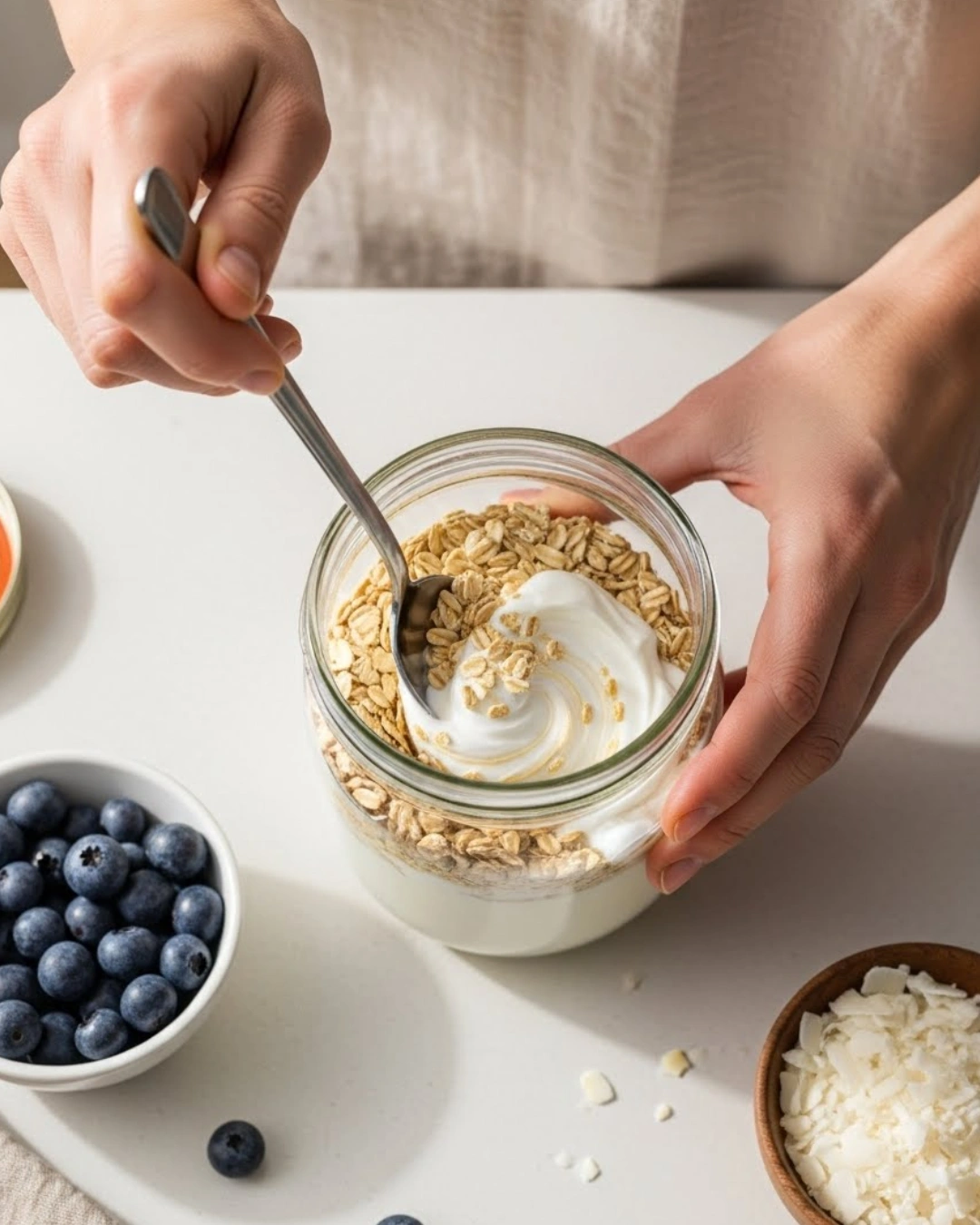 Stirring oats, yogurt, and coconut milk together