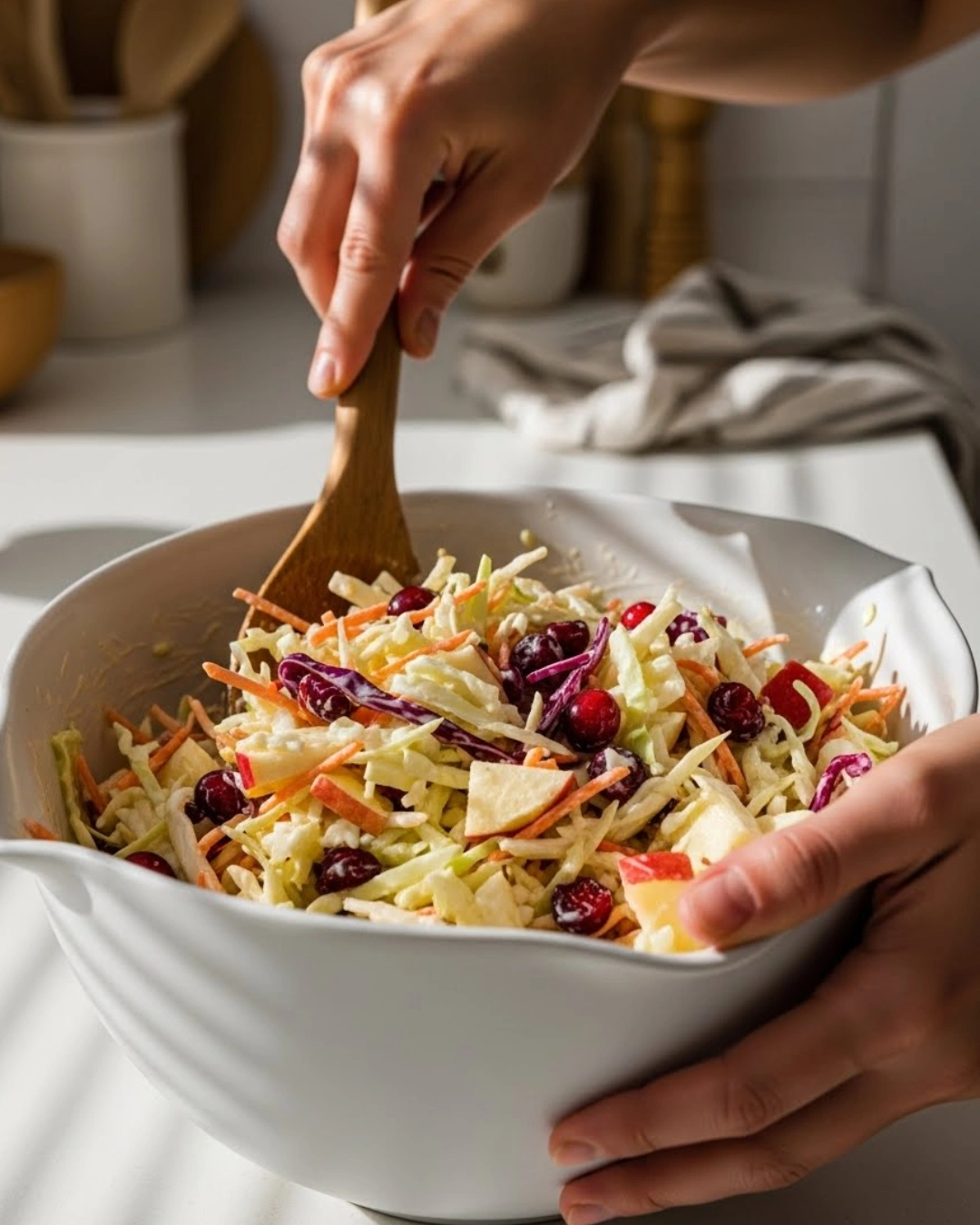 Mixing cranberry apple coleslaw in white bowl by hand