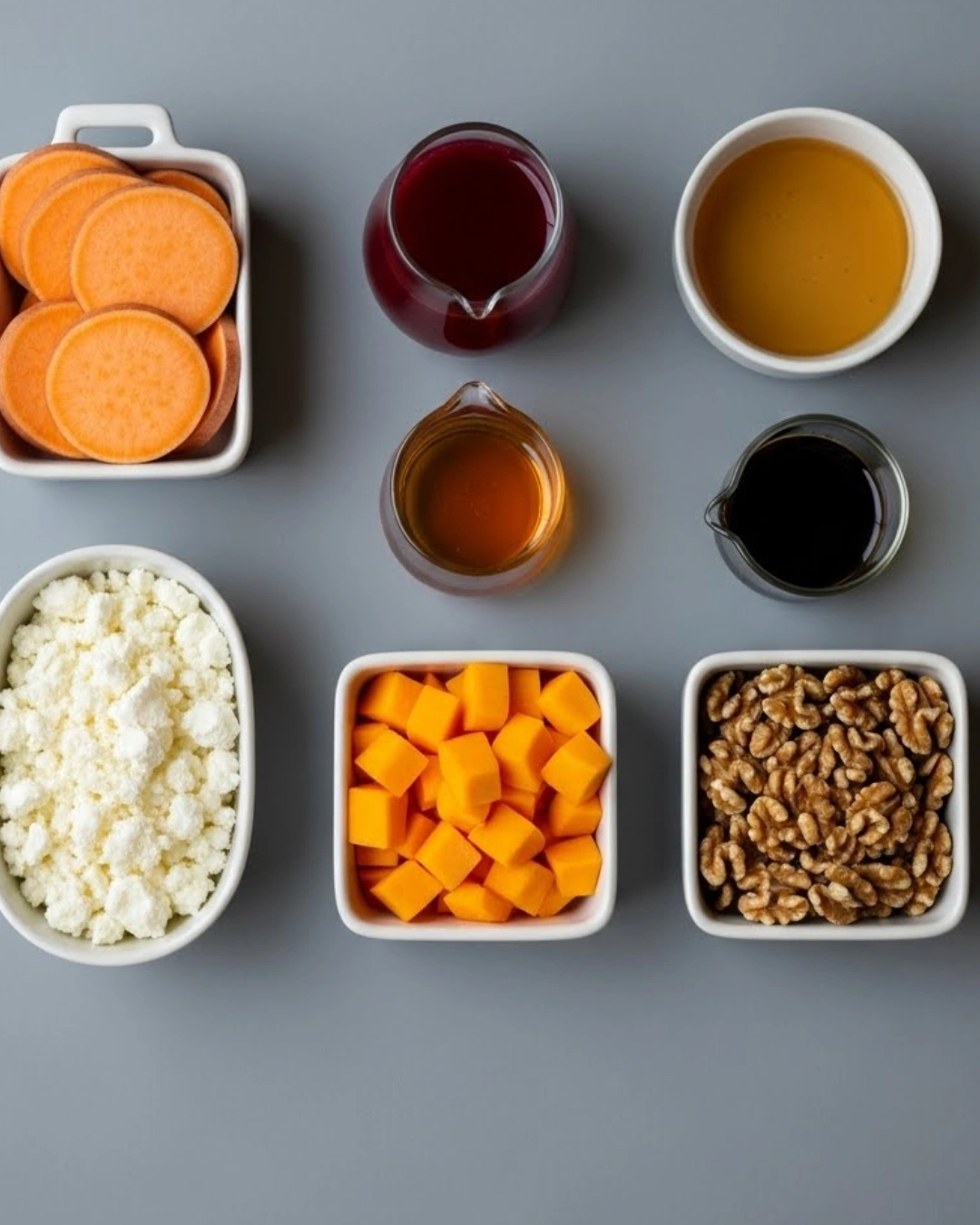 Modern flat lay of vegetable lasagna ingredients on matte surface