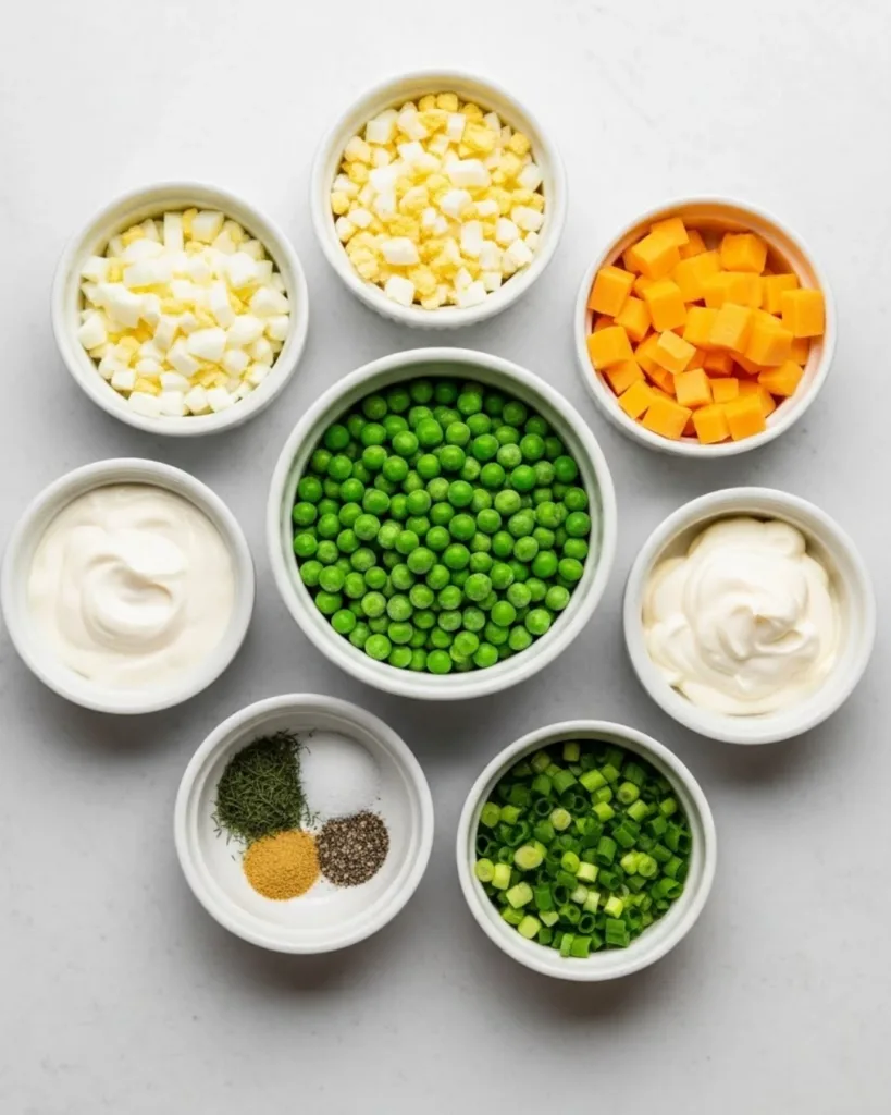 Ingredients for homemade creamy pea salad