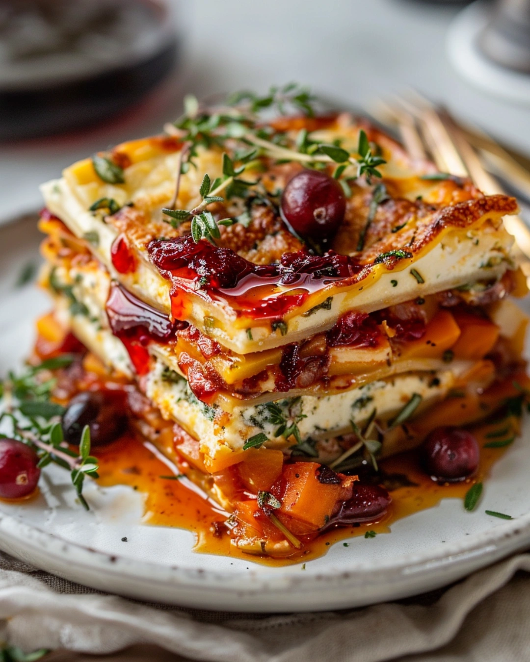 Modern plated vegetable lasagna slice with cranberry glaze drizzle
