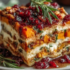 Modern vegetable lasagna with butternut squash and cranberry glaze on white plate