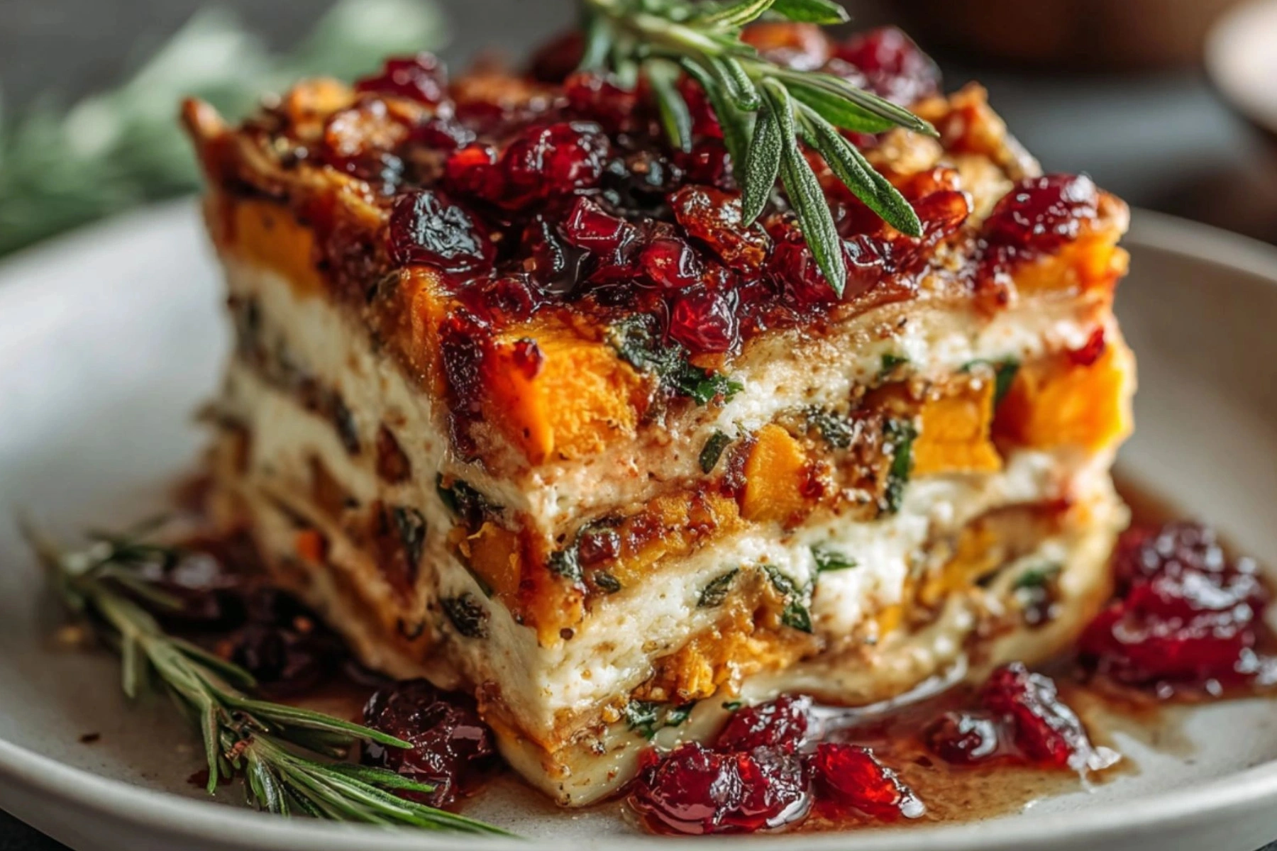 Modern vegetable lasagna with butternut squash and cranberry glaze on white plate