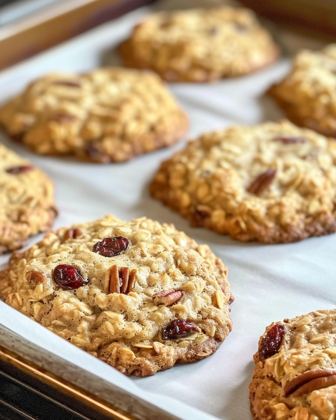baked oatmeal cranberry pecan cookies on tray