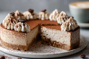 espresso coffee cheesecake served with a rich cocoa finish