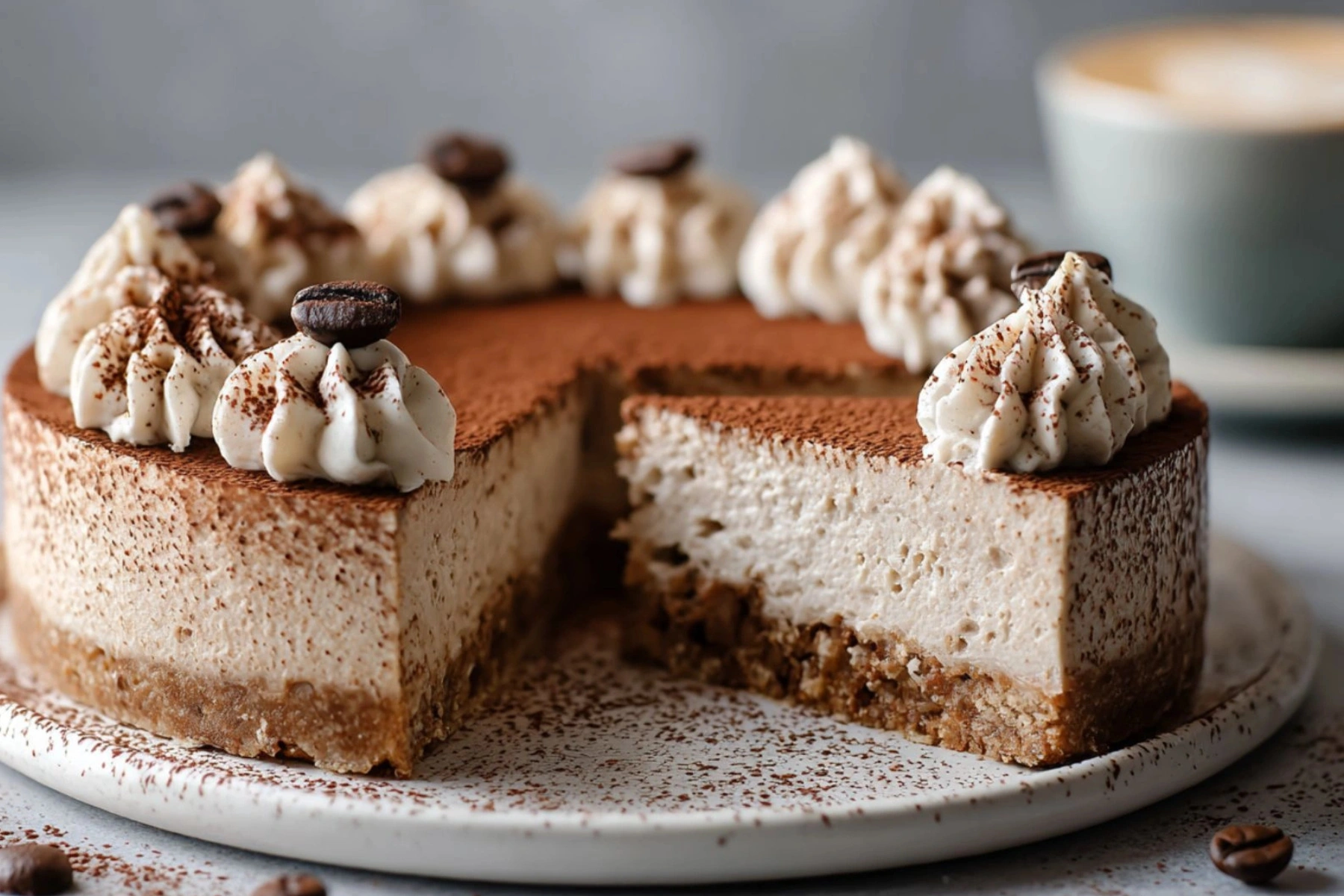 espresso coffee cheesecake served with a rich cocoa finish