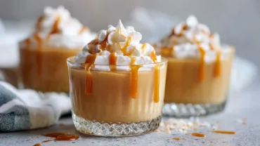 Old-fashioned butterscotch pudding topped with whipped cream and caramel drizzle
