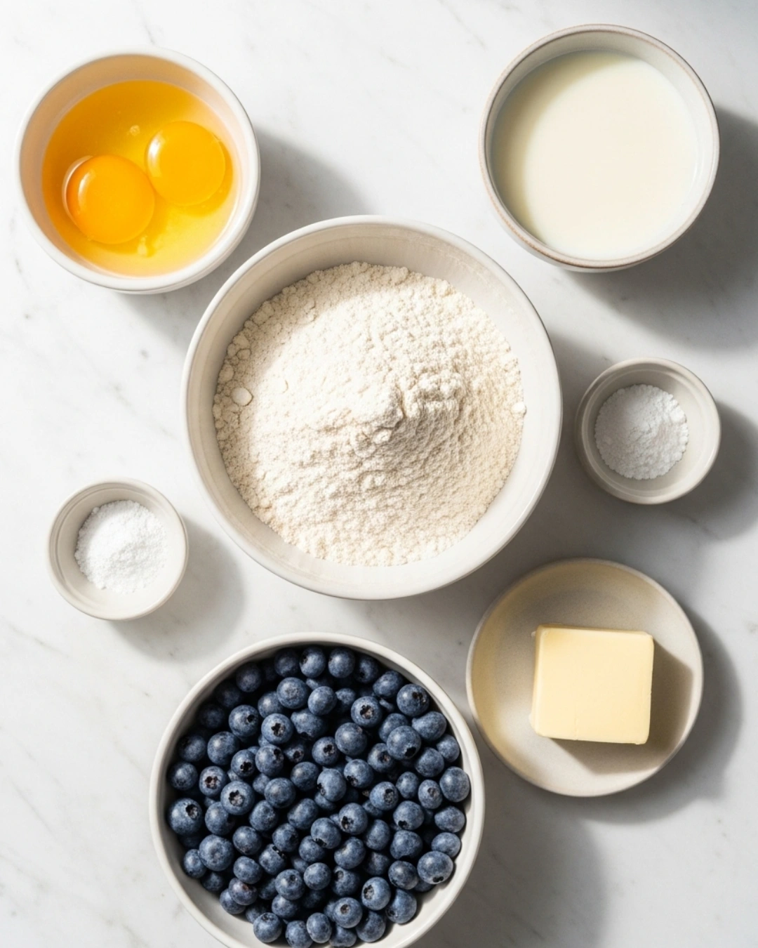 Blueberry buttermilk pancake ingredients arranged flat
