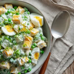 Pea salad with sliced cheddar, green peas, and eggs