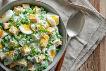 Pea salad with sliced cheddar, green peas, and eggs