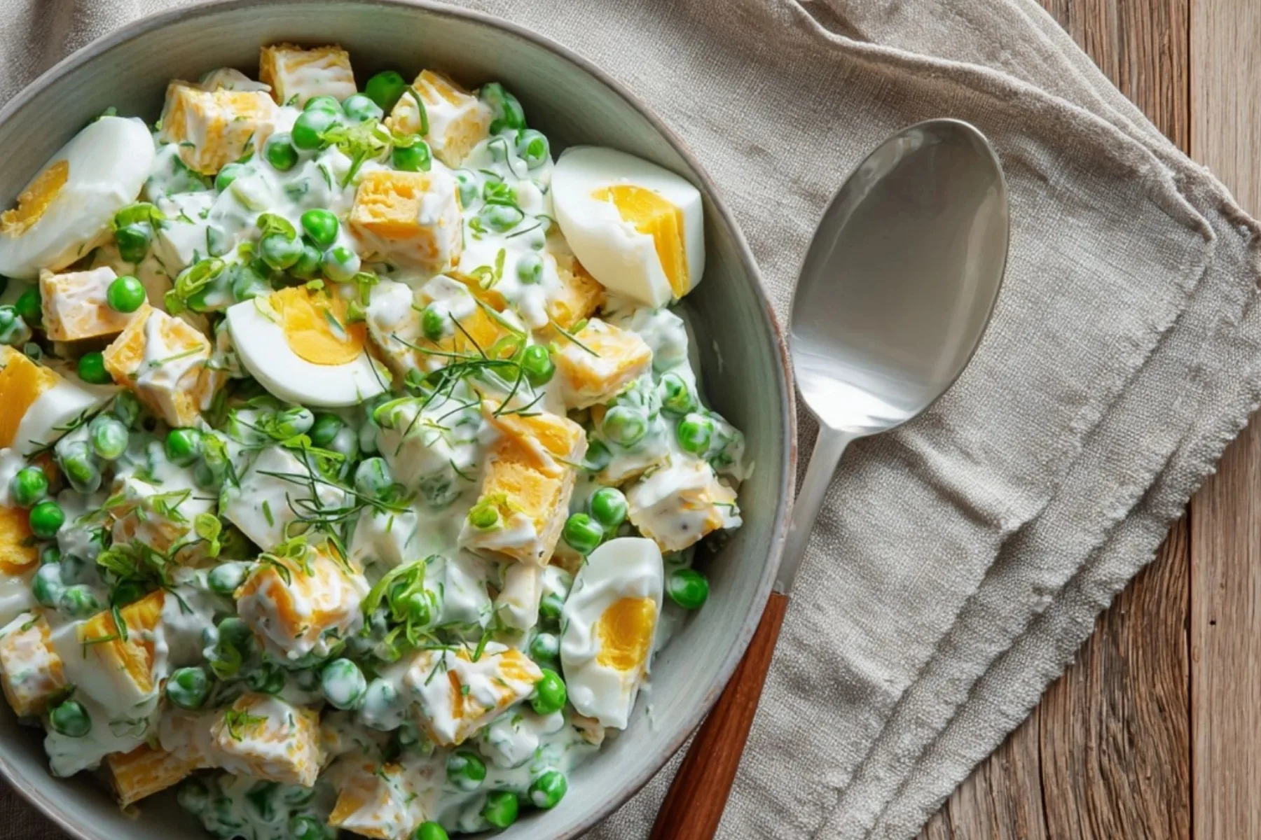 Pea salad with sliced cheddar, green peas, and eggs