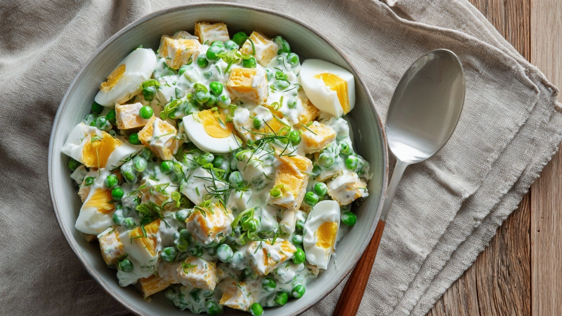 Pea Salad Recipe: 5-Star Favorite with a Delicious Twist 3 Pea salad with sliced cheddar, green peas, and eggs