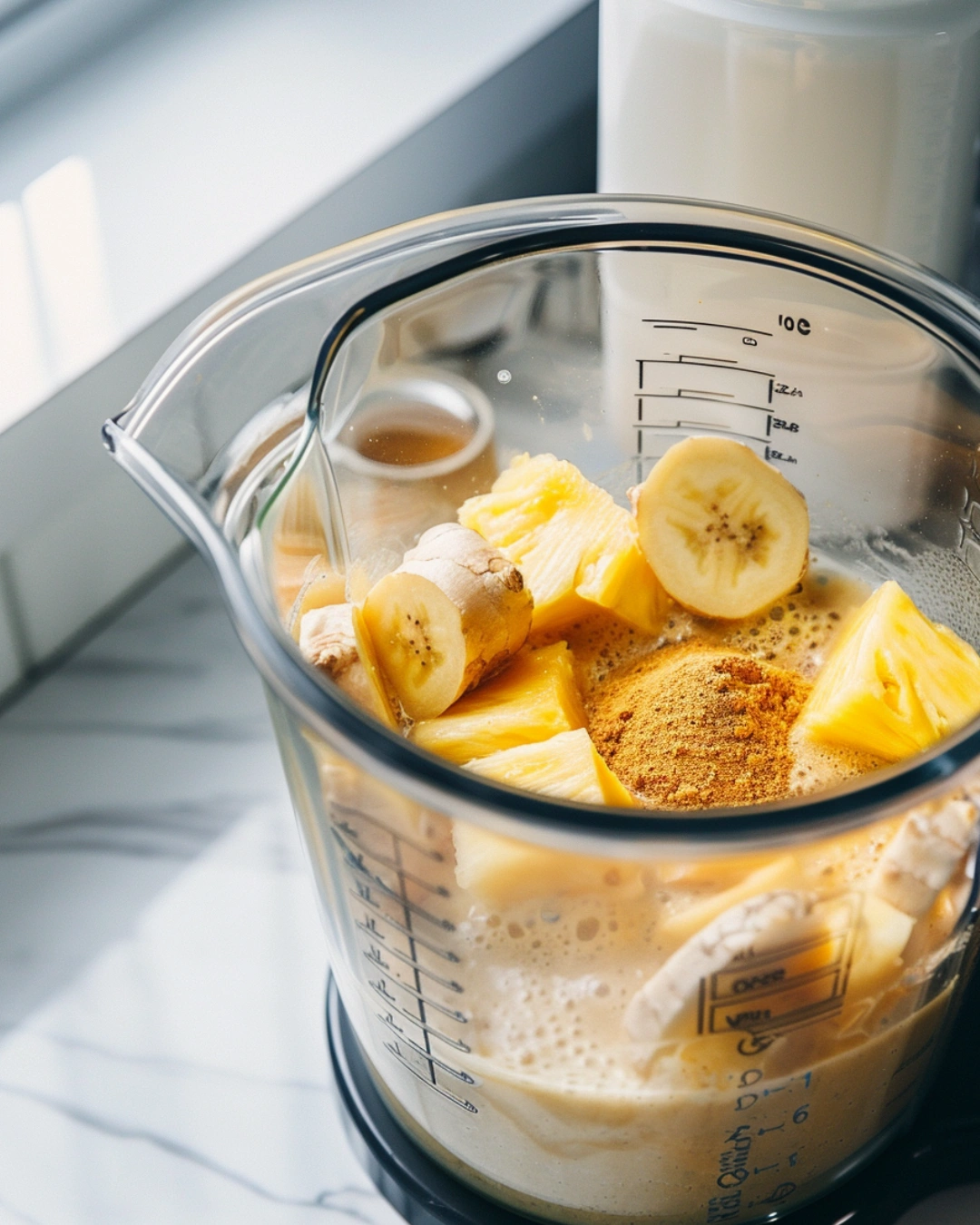 Pineapple turmeric smoothie ingredients blending in a high-speed blender