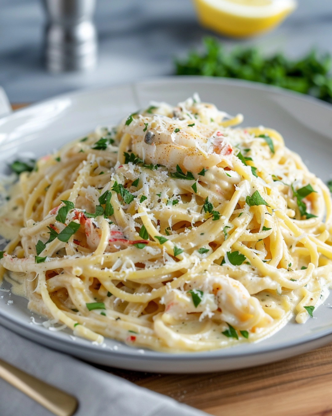 Plated crab Alfredo pasta with lemon and parsley