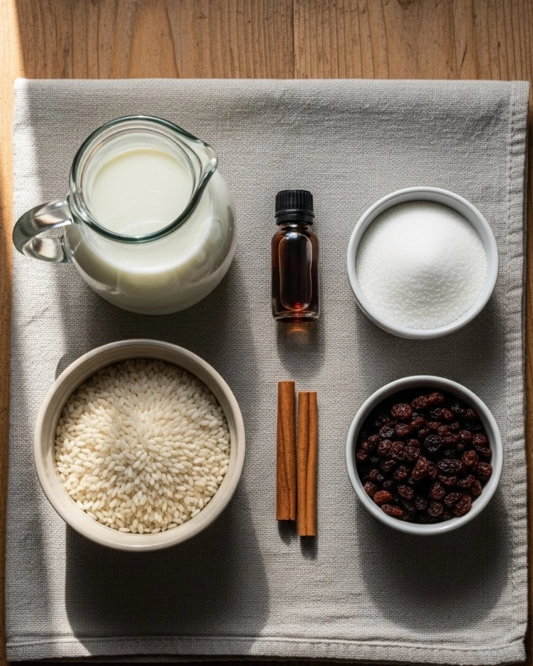 flat lay of traditional rice pudding ingredients in modern cozy style