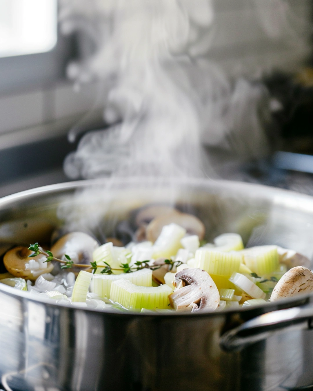 Onions, celery, and mushrooms sautéing in a stainless steel pot for soup