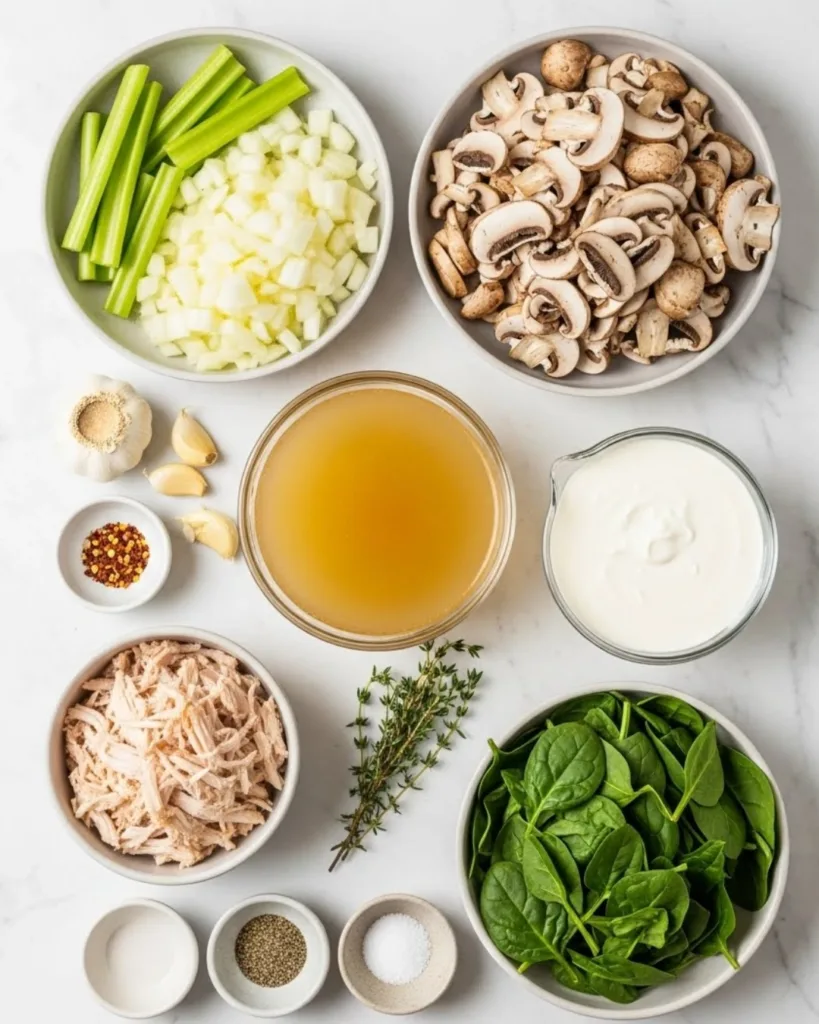 Onions, celery, and mushrooms sautéing in a stainless steel pot for soup