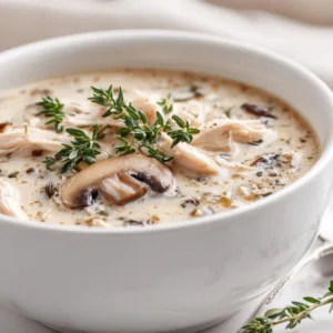 Rotisserie Chicken and Mushroom Soup arranged on a marble countertop