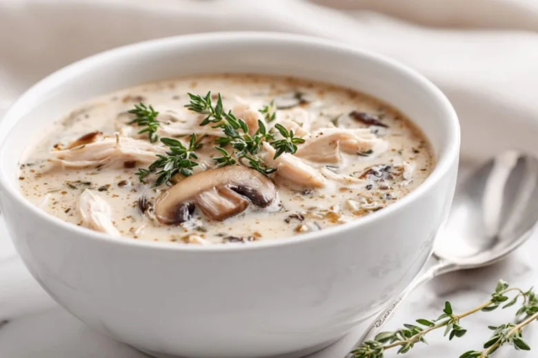 Rotisserie Chicken and Mushroom Soup arranged on a marble countertop