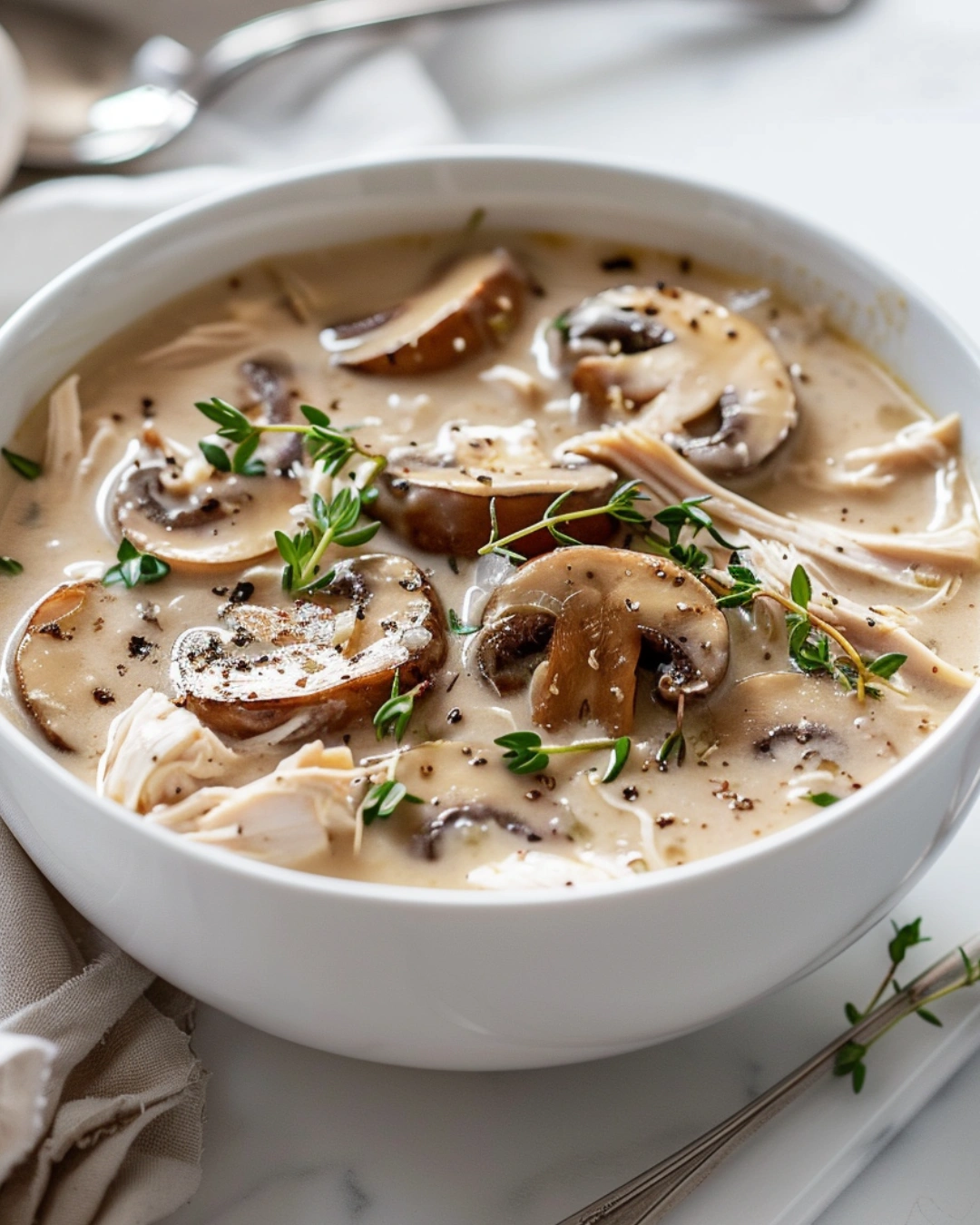 Rotisserie Chicken and Mushroom Soup served in a white ceramic bowl with thyme garnish