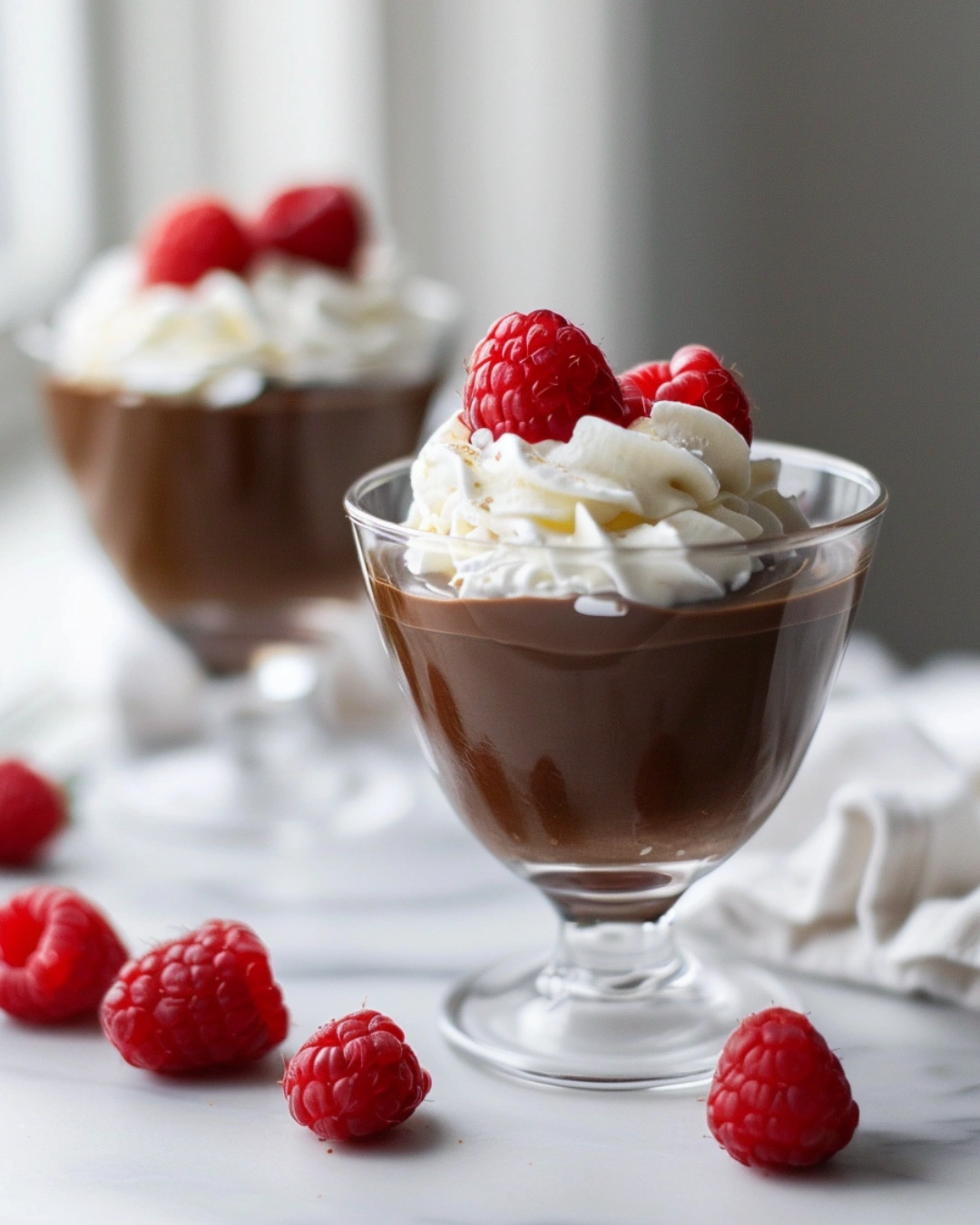 Served Chocolate Pudding with Raspberries
