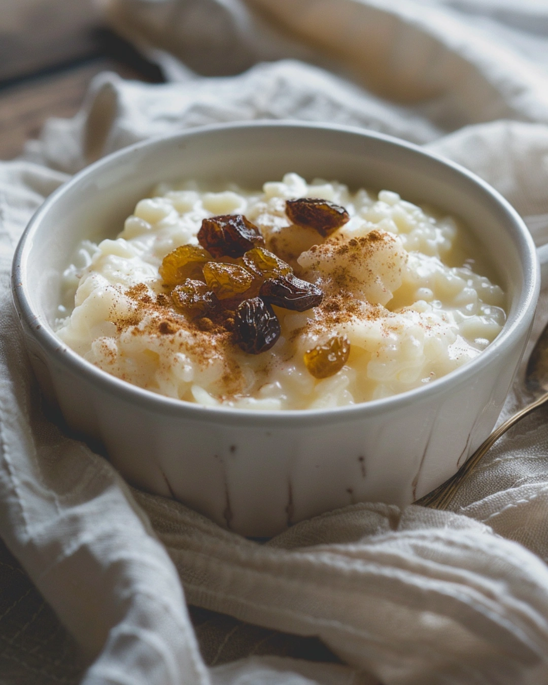 bowl of rice pudding served with raisins and cinnamon in modern cozy style