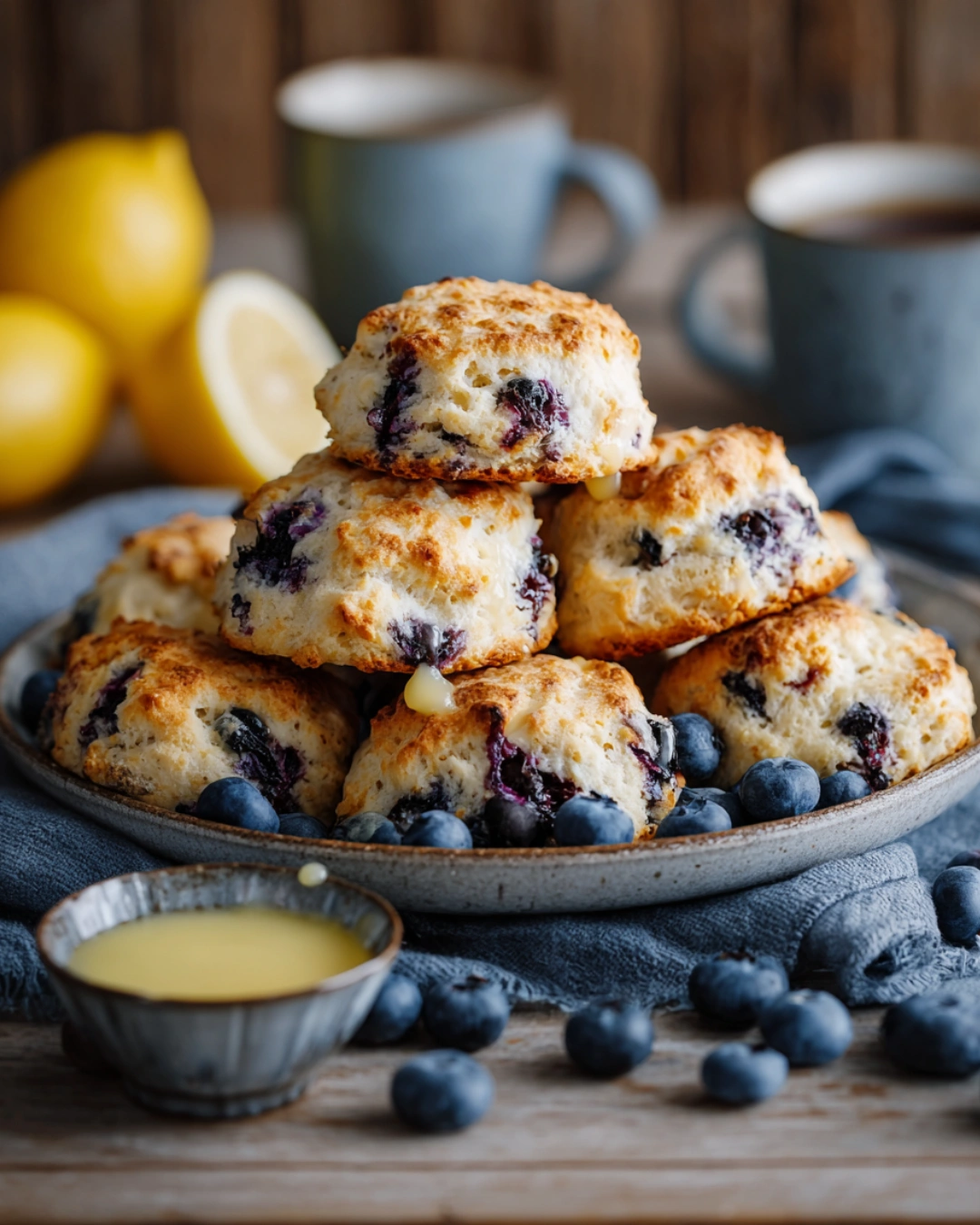 Blueberry biscuits served on a plate with lemon glaze