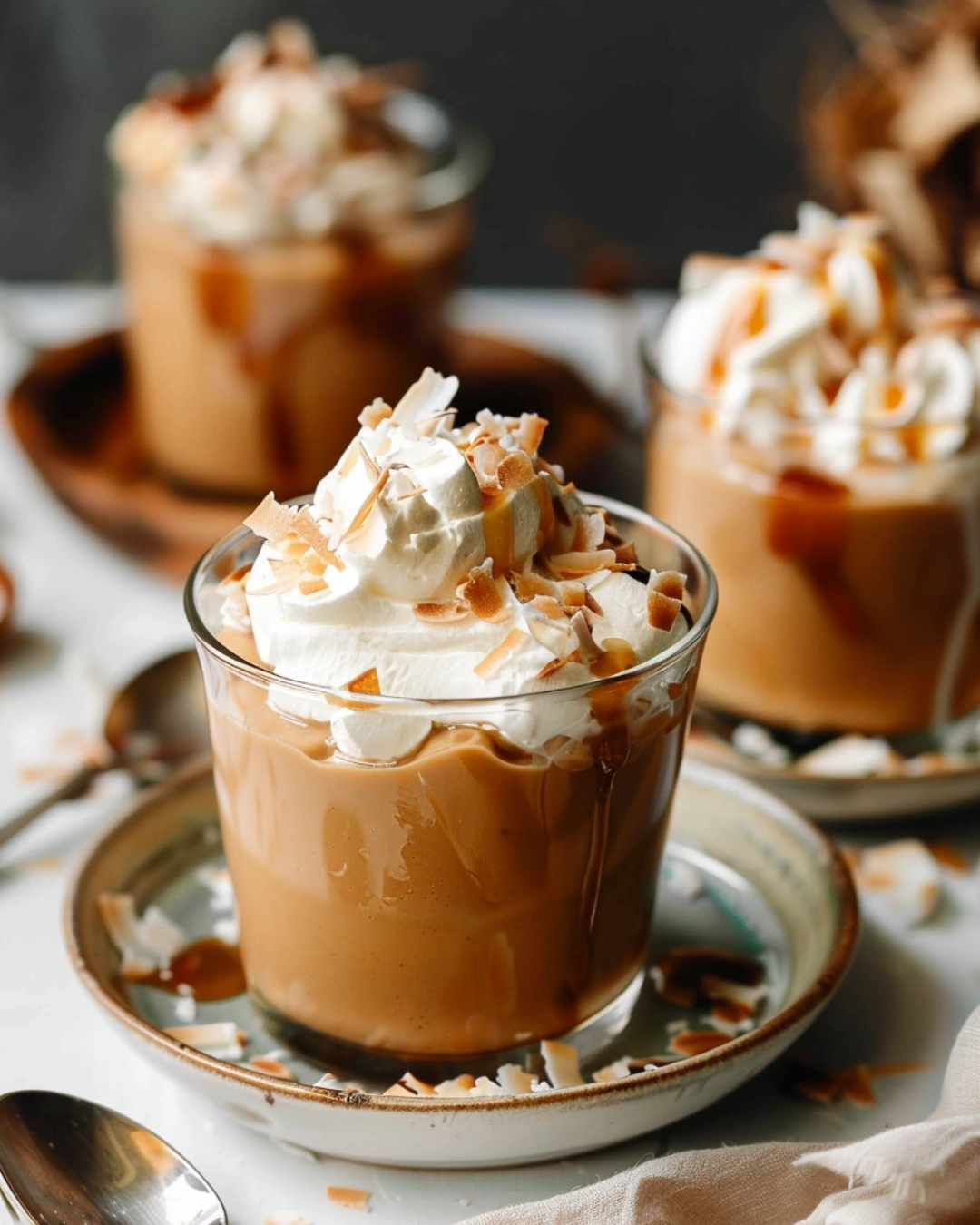 Chilled butterscotch pudding with whipped cream and flaky salt