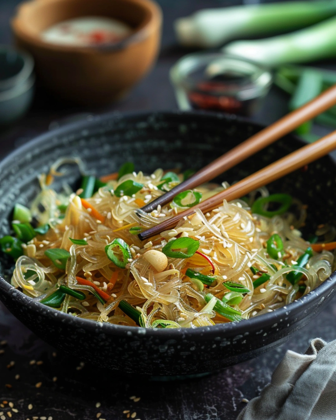 Serving bowl of cabbage glass noodles stir fry