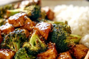 Chinese Chicken and Broccoli Recipe served with jasmine rice in a cozy, modern kitchen setting