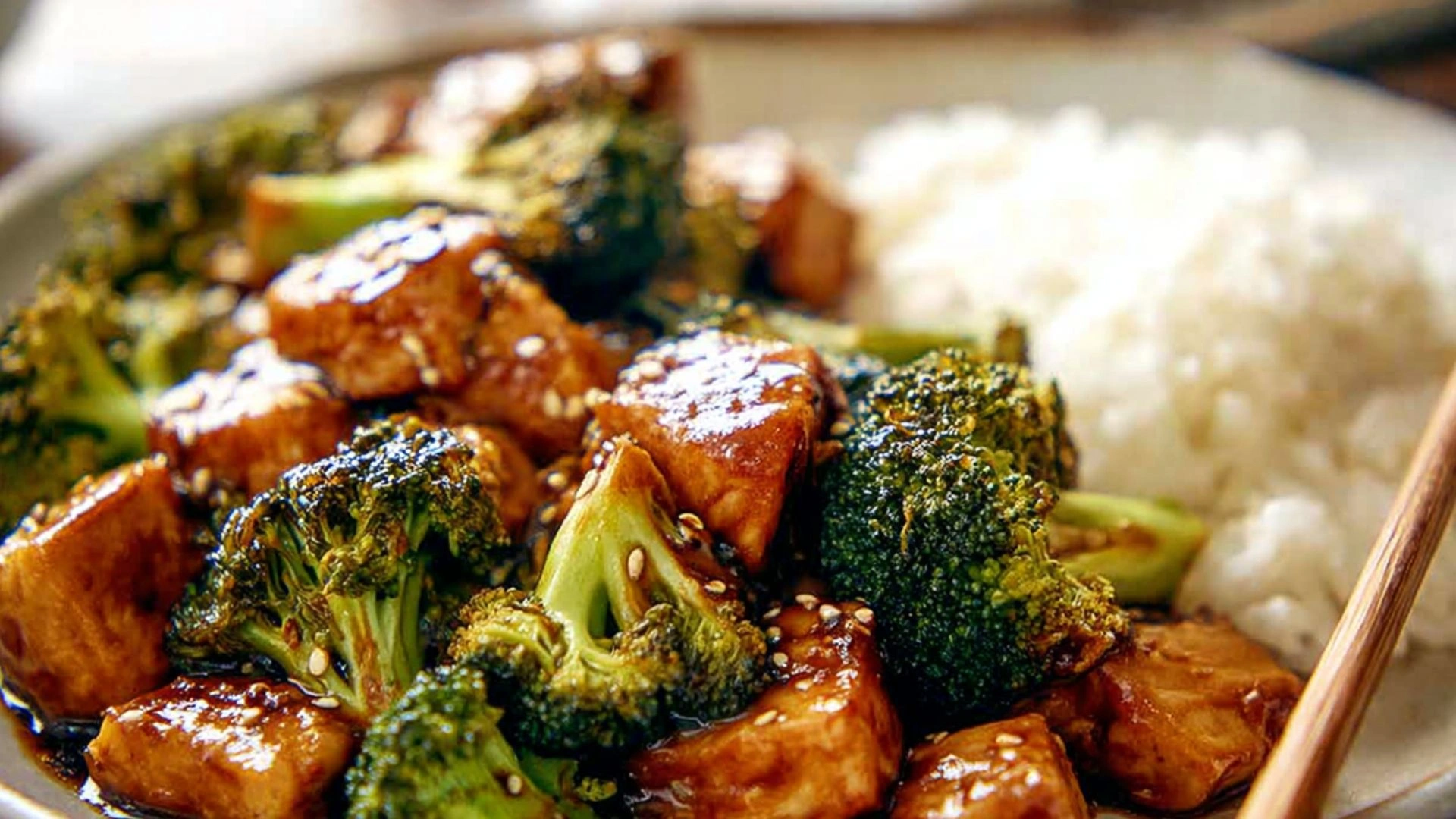 Chinese Chicken and Broccoli served family-style in a white bowl with rice on the side