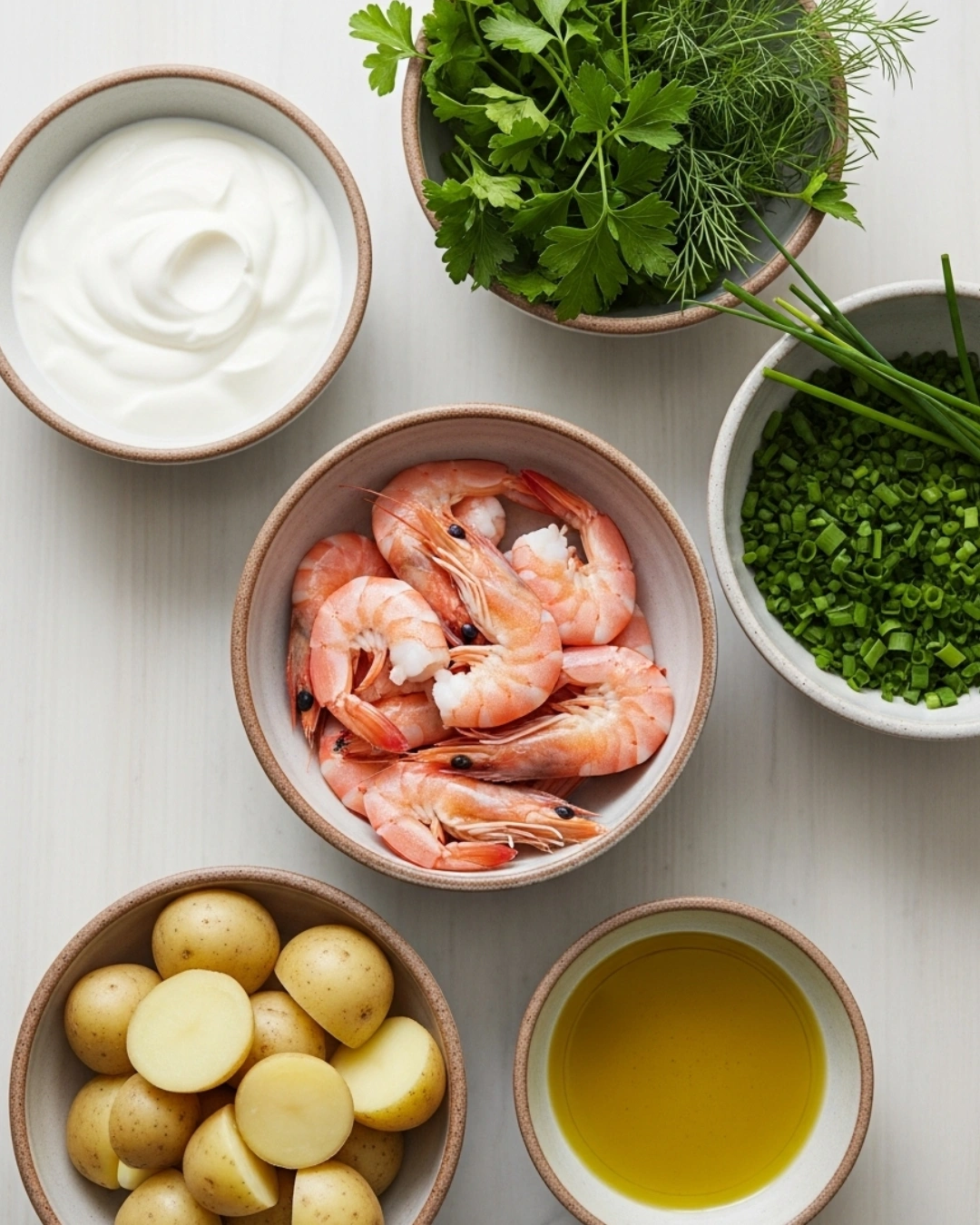 Ingredients for creamy shrimp and mashed potatoes