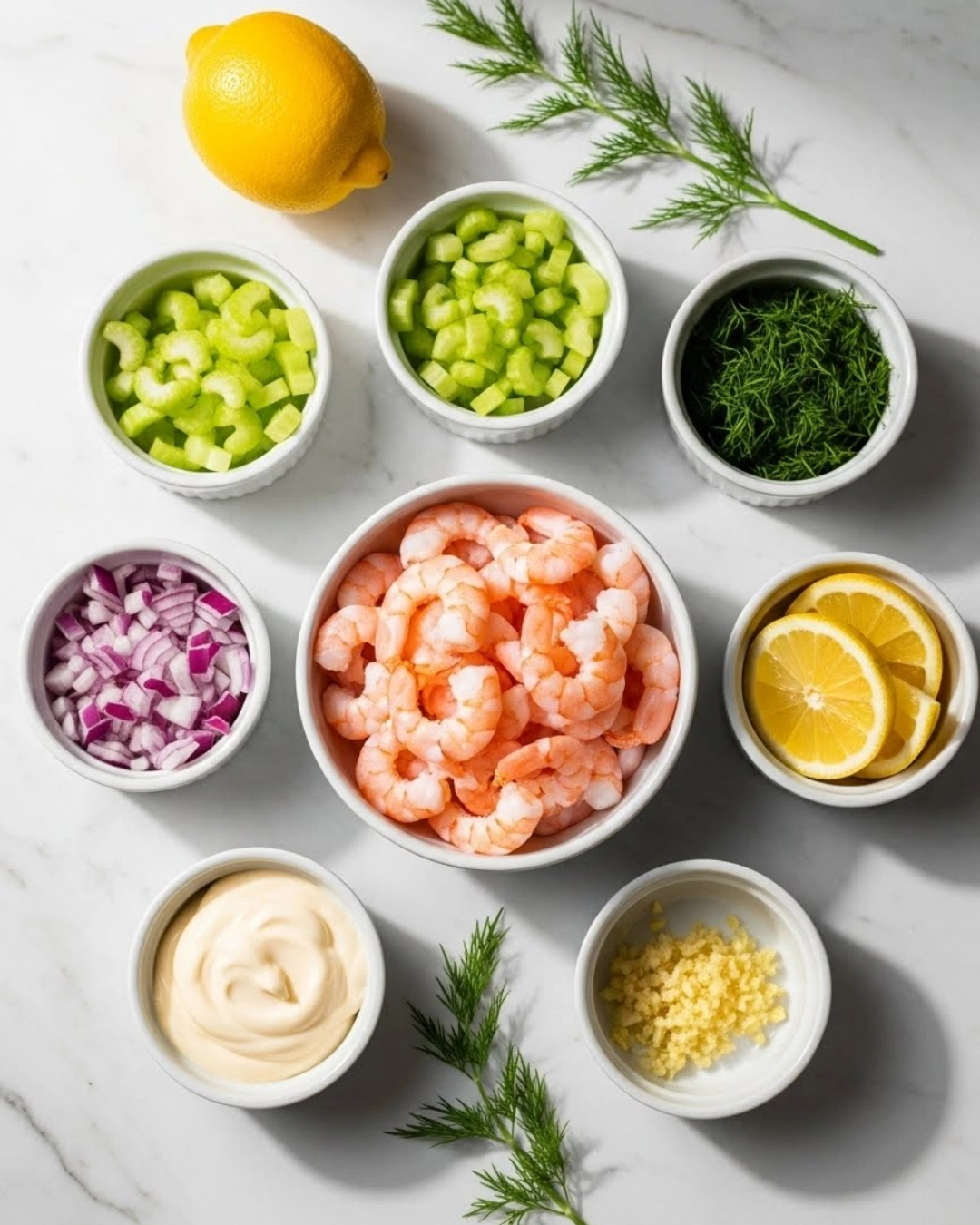 Shrimp salad ingredients flat lay