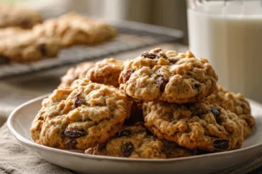 Soft oatmeal raisin cookies on a rustic table in natural light