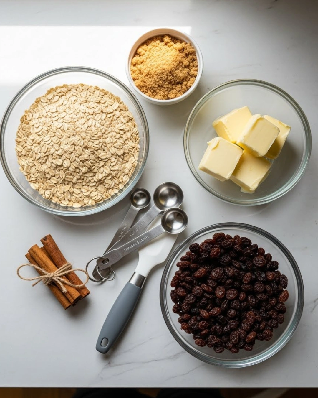 Baking ingredients for soft oatmeal raisin cookies including oats, brown sugar, and raisins