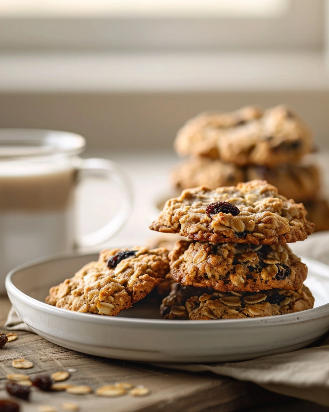 Soft oatmeal raisin cookies served on a ceramic plate with coffee