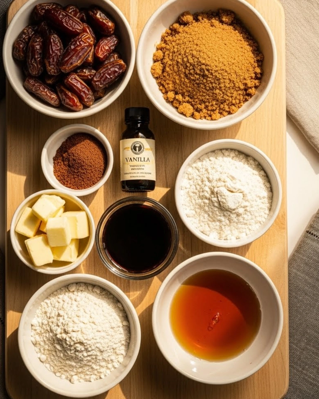 Ingredients for Decadent Sticky Toffee Pudding arranged on a rustic wooden board
