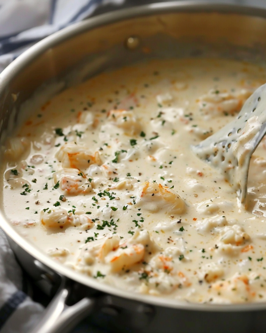 Stirring crab meat into creamy Alfredo sauce