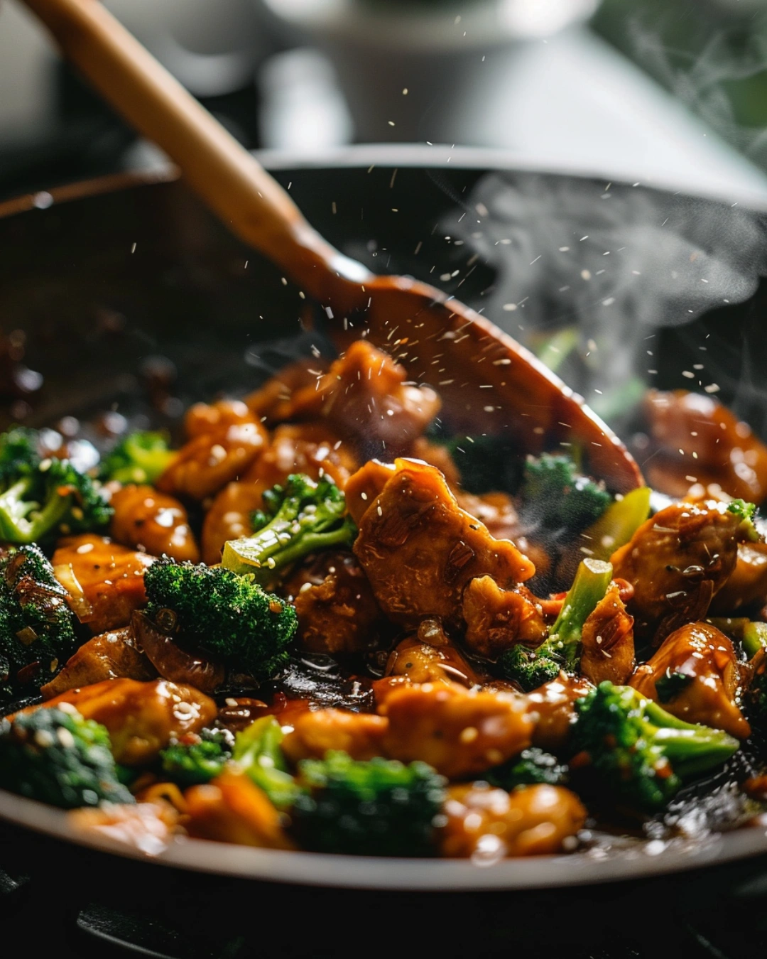 Stir-frying Chinese Chicken and Broccoli in a wok with glossy brown sauce