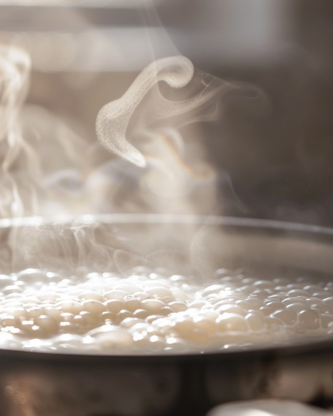 Tapioca pearls cooking in milk on stove
