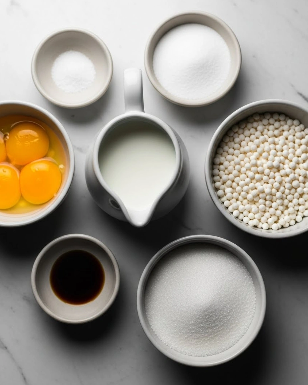 Ingredients for tapioca pudding laid out flat