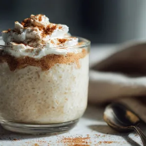 Creamy tapioca pudding in glass bowl with whipped cream