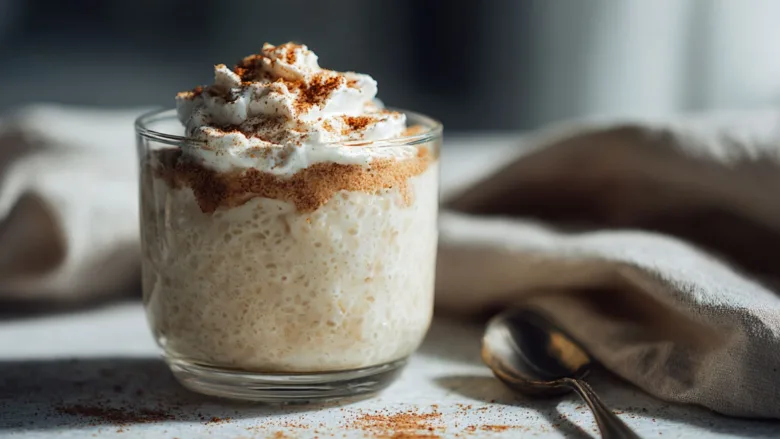 Creamy tapioca pudding in glass bowl with whipped cream