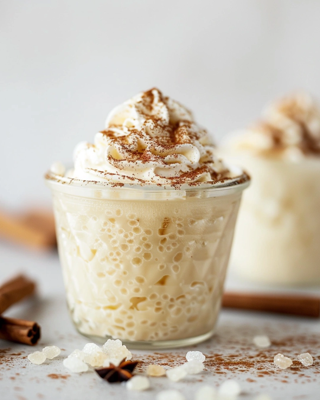Tapioca pudding served in glass jar with whipped cream