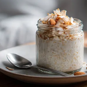 Tasty Coconut Cream Oats topped with almonds and coconut