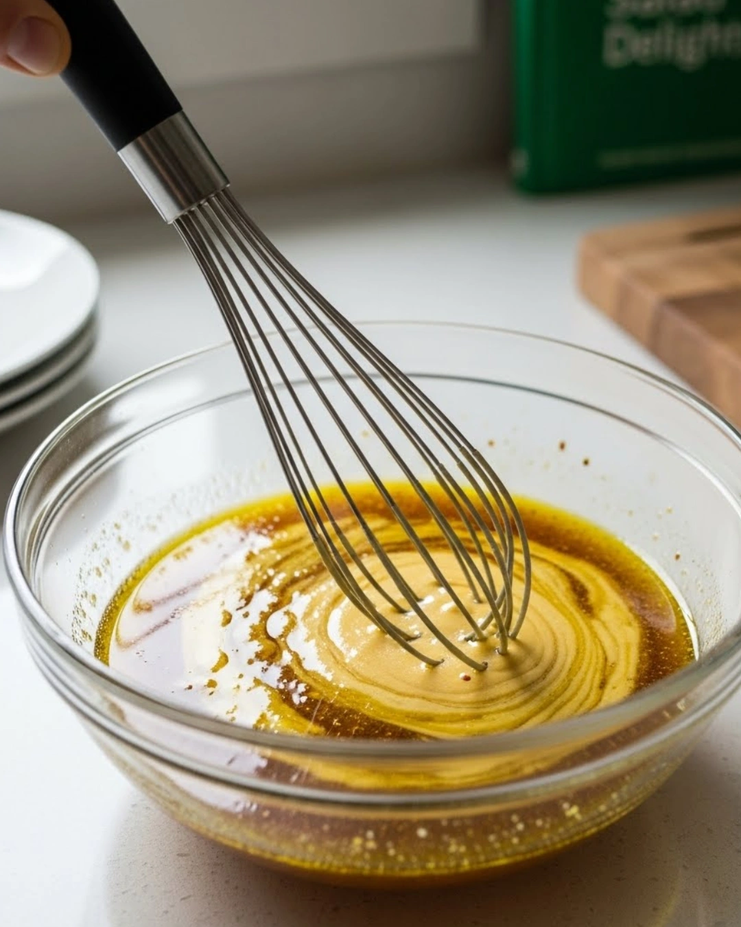 Whisking vinaigrette for Three Bean Salad.