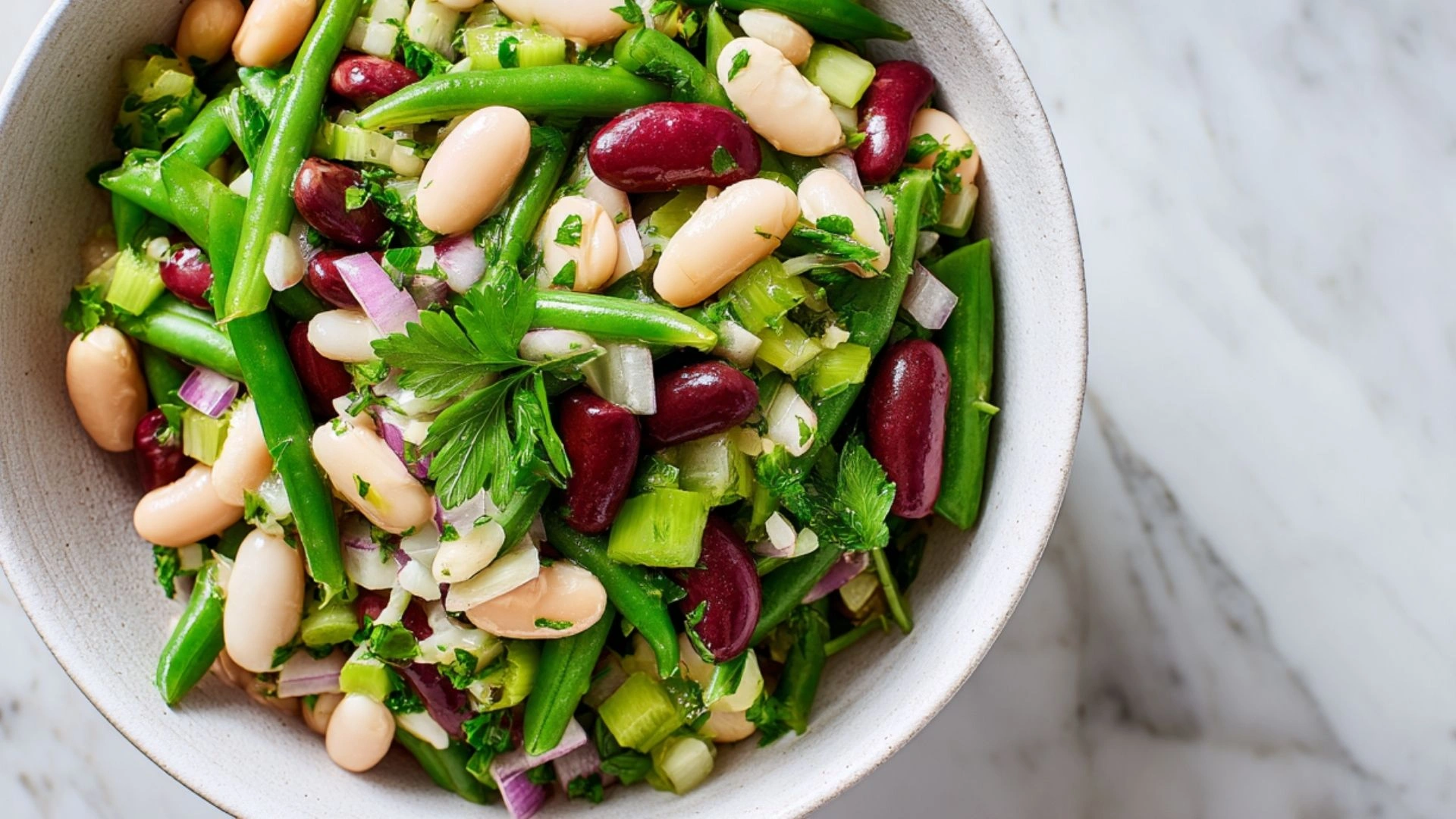 Three Bean Salad: 5-Minute Delicious, Fresh & Easy Side 2 Three Bean Salad with green, kidney, and white beans in tangy vinaigrette