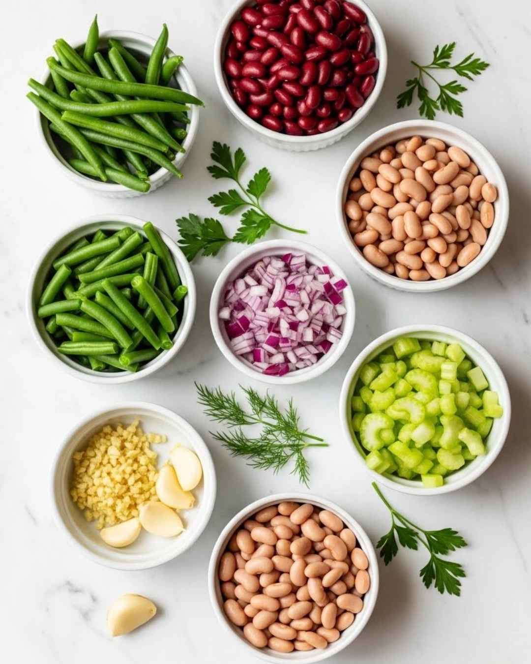 Ingredients for making Three Bean Salad on a marble counter.