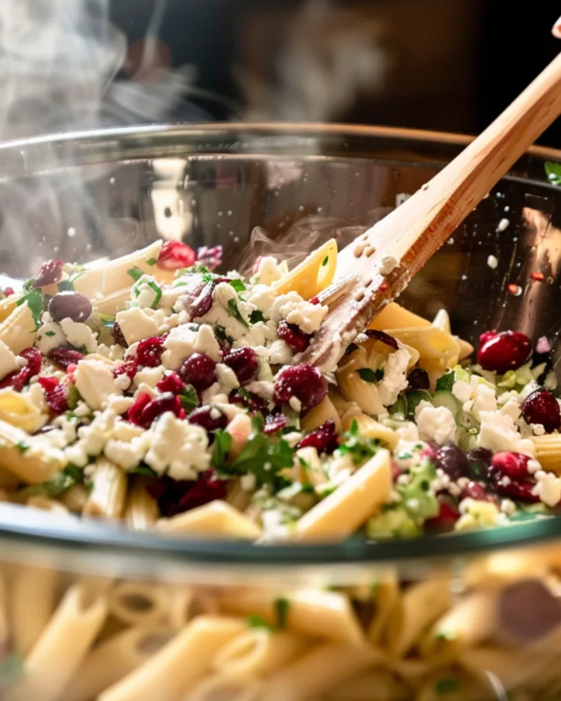Tossing Feta & Cranberry Penne Salad with citrus dressing