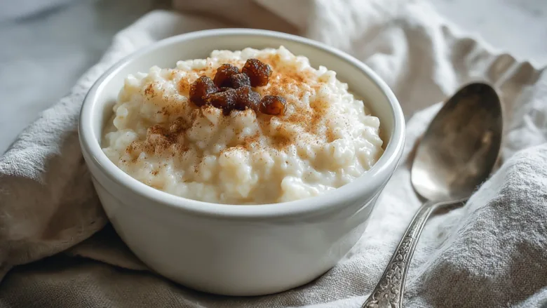 traditional rice pudding in a ceramic bowl with cinnamon on a wood table